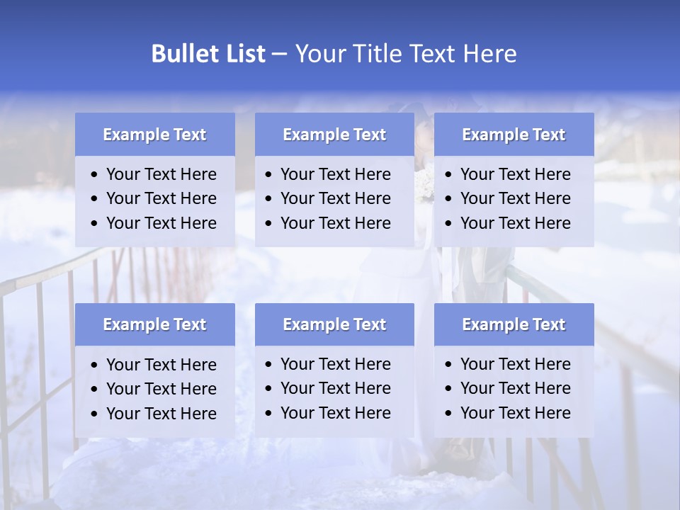 A Bride And Groom Standing On A Bridge In The Snow PowerPoint Template