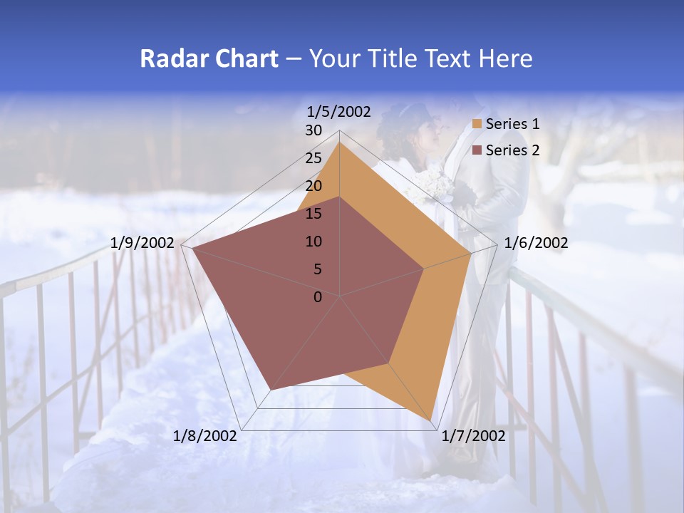 A Bride And Groom Standing On A Bridge In The Snow PowerPoint Template