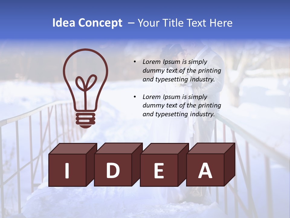 A Bride And Groom Standing On A Bridge In The Snow PowerPoint Template