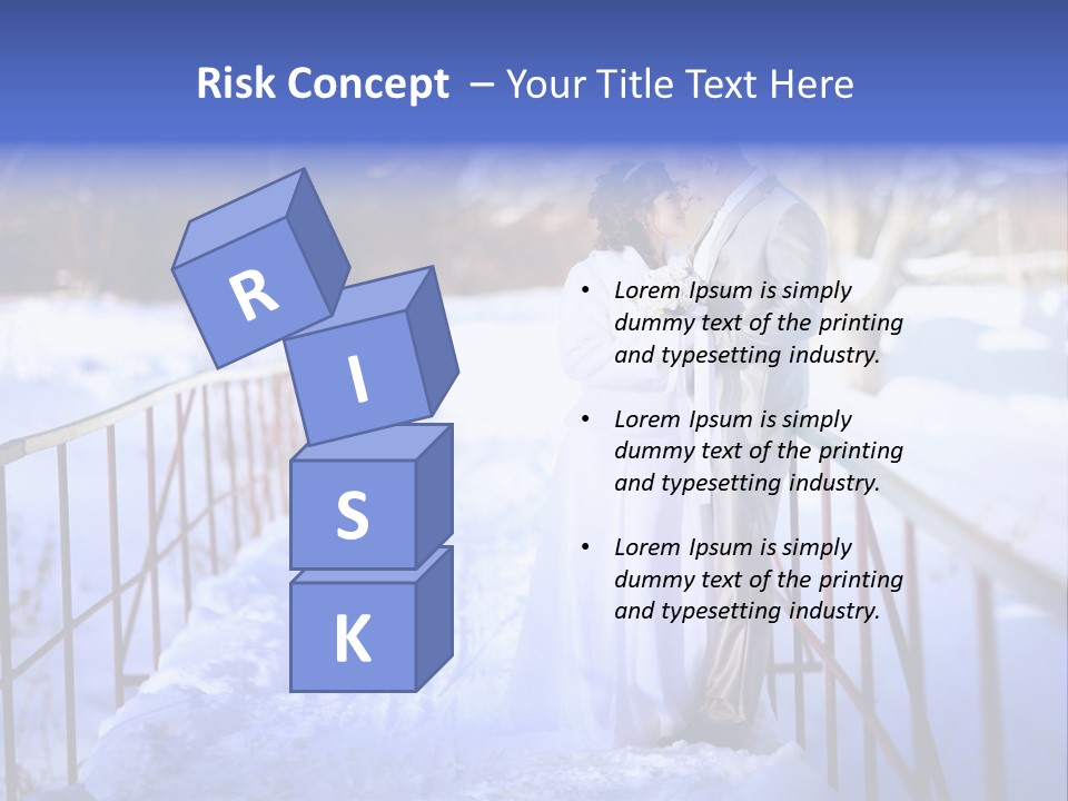 A Bride And Groom Standing On A Bridge In The Snow PowerPoint Template