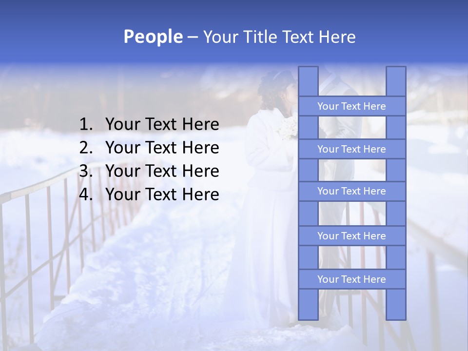 A Bride And Groom Standing On A Bridge In The Snow PowerPoint Template