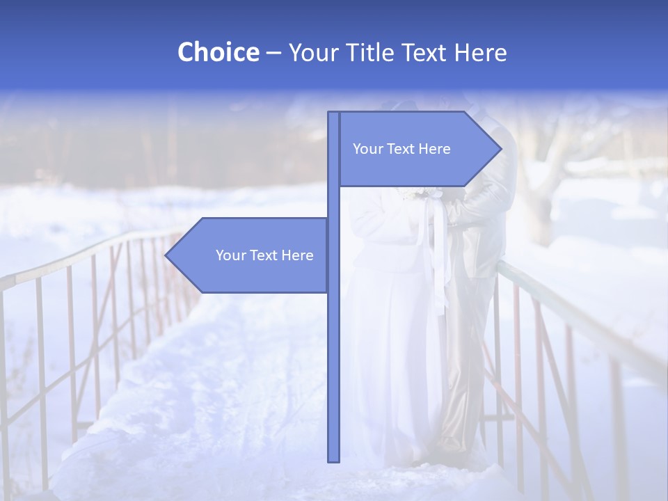 A Bride And Groom Standing On A Bridge In The Snow PowerPoint Template