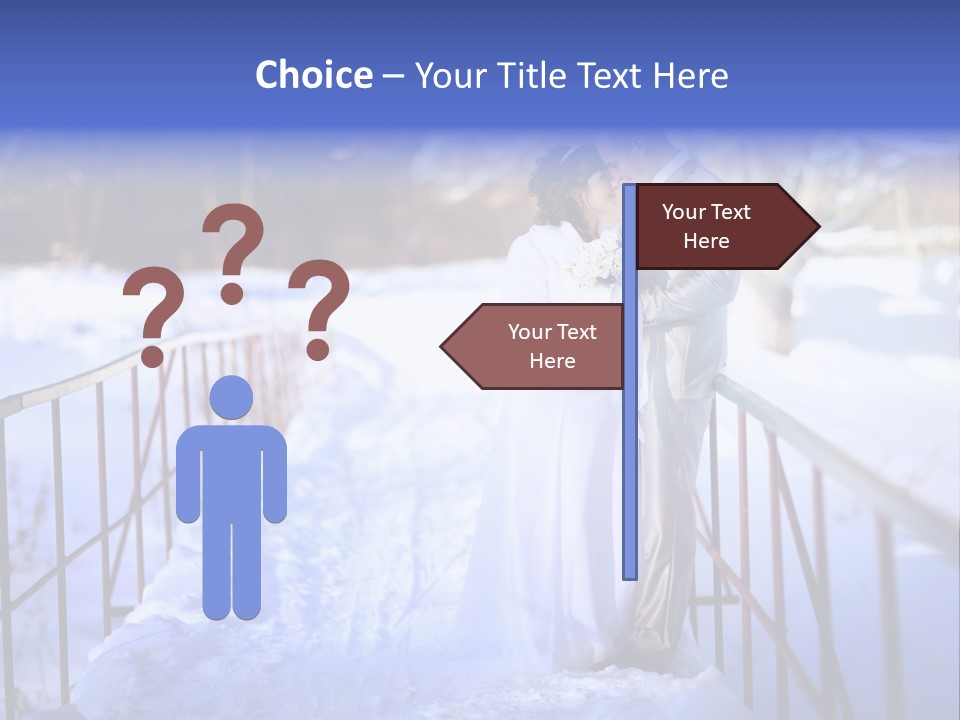 A Bride And Groom Standing On A Bridge In The Snow PowerPoint Template