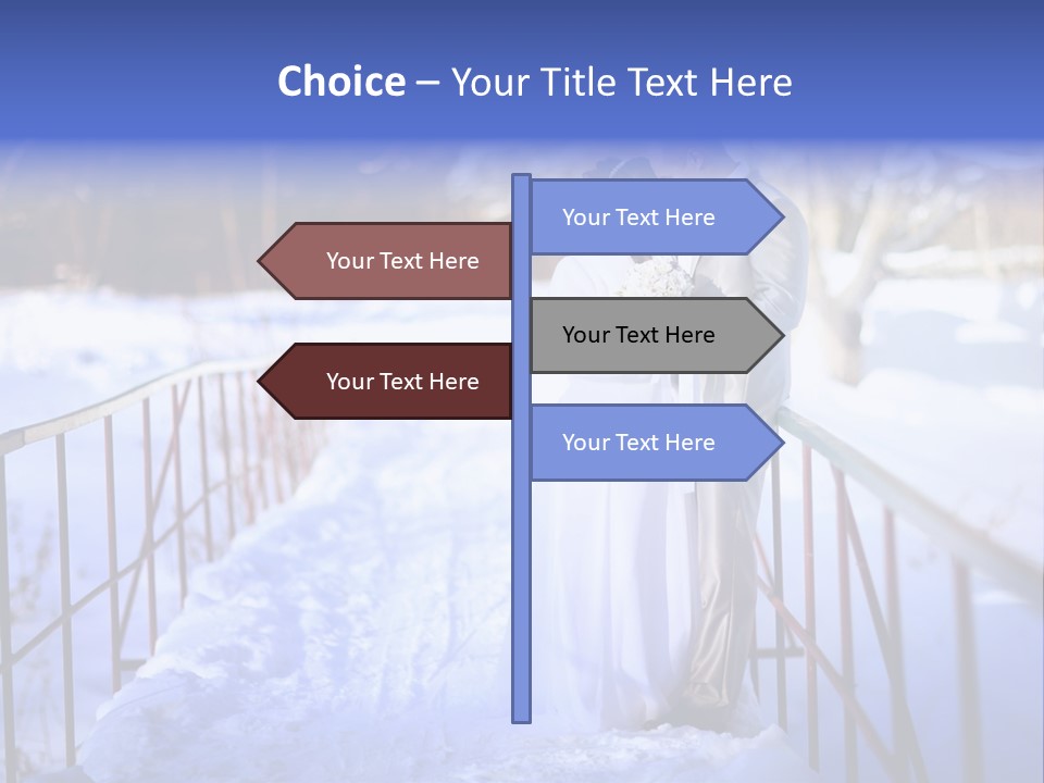 A Bride And Groom Standing On A Bridge In The Snow PowerPoint Template