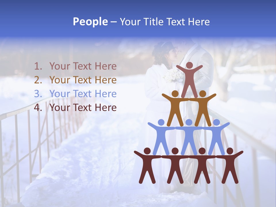 A Bride And Groom Standing On A Bridge In The Snow PowerPoint Template