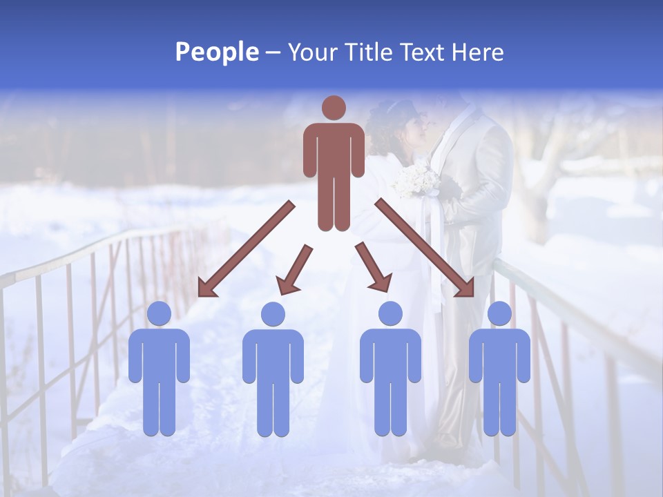 A Bride And Groom Standing On A Bridge In The Snow PowerPoint Template