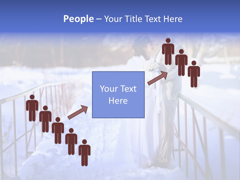 A Bride And Groom Standing On A Bridge In The Snow PowerPoint Template