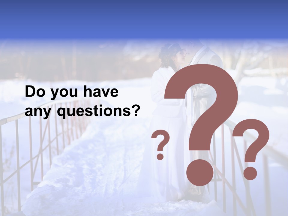 A Bride And Groom Standing On A Bridge In The Snow PowerPoint Template