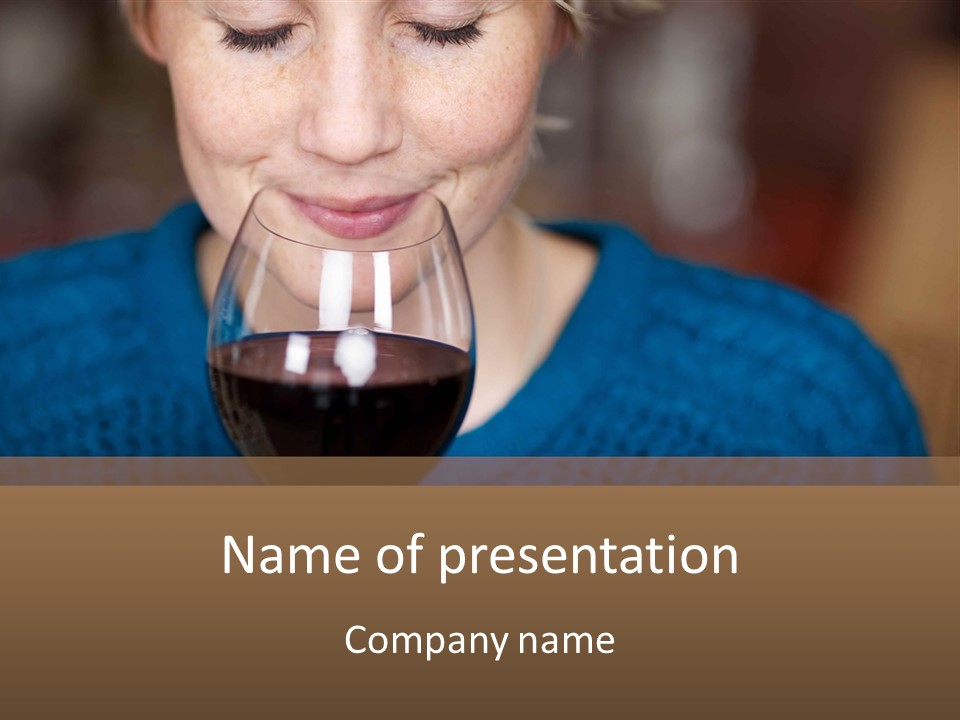 A Woman Holding A Glass Of Wine With Her Eyes Closed PowerPoint Template