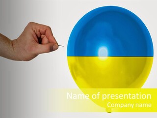 A Hand Holding A Balloon With A Yellow And Blue Stripe PowerPoint Template