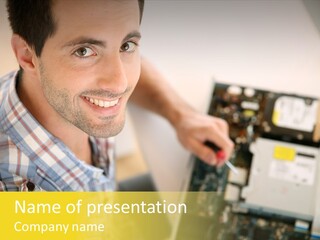 A Man Is Holding A Screw In Front Of A Circuit Board PowerPoint Template