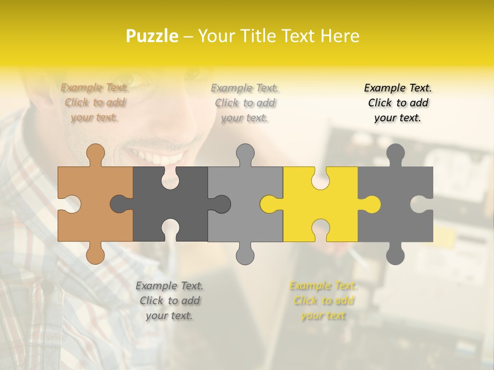 A Man Is Holding A Screw In Front Of A Circuit Board PowerPoint Template
