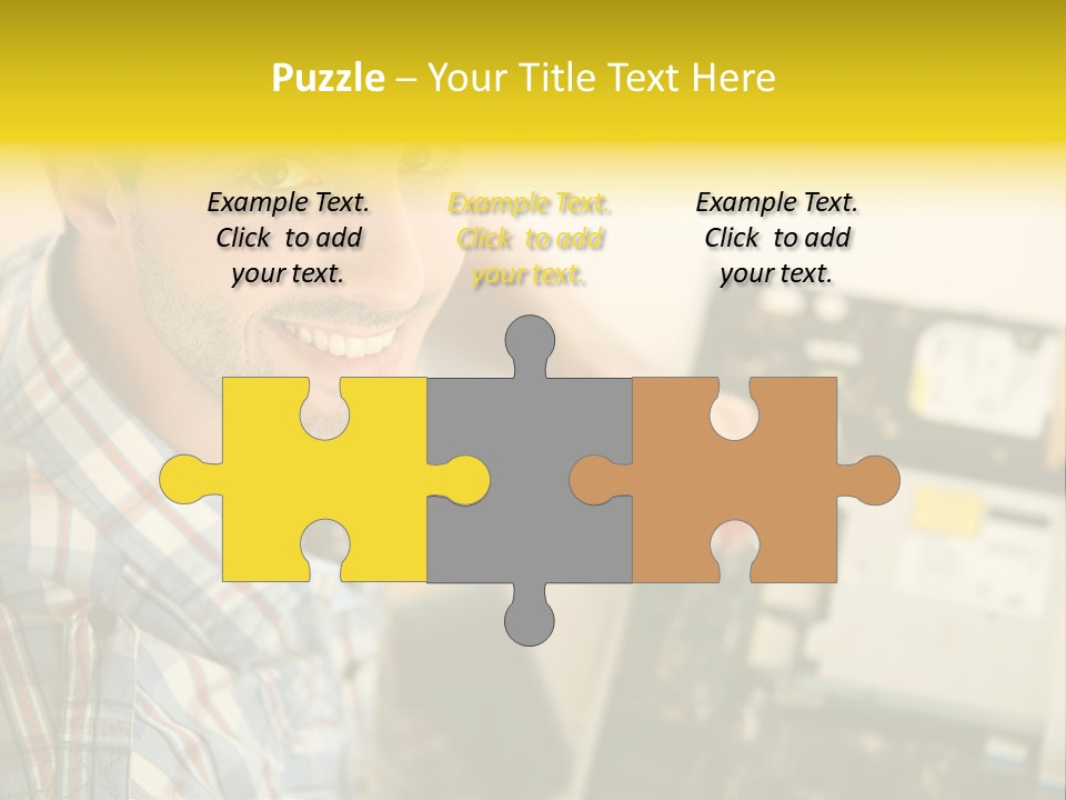 A Man Is Holding A Screw In Front Of A Circuit Board PowerPoint Template