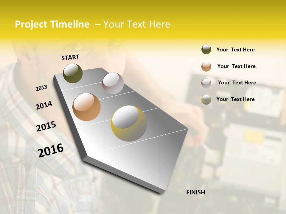 A Man Is Holding A Screw In Front Of A Circuit Board PowerPoint Template