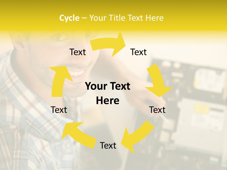 A Man Is Holding A Screw In Front Of A Circuit Board PowerPoint Template