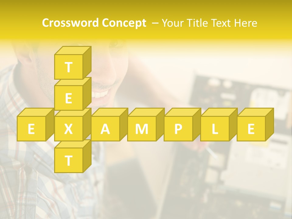 A Man Is Holding A Screw In Front Of A Circuit Board PowerPoint Template
