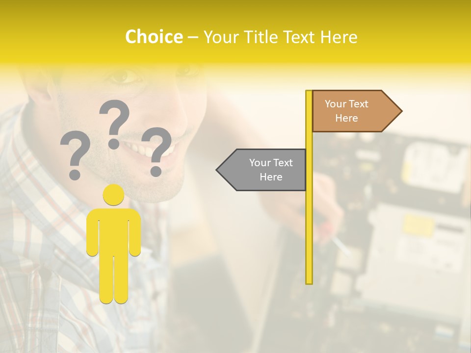 A Man Is Holding A Screw In Front Of A Circuit Board PowerPoint Template