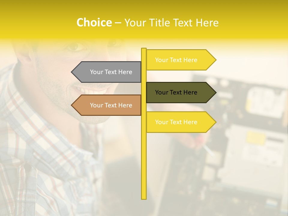 A Man Is Holding A Screw In Front Of A Circuit Board PowerPoint Template