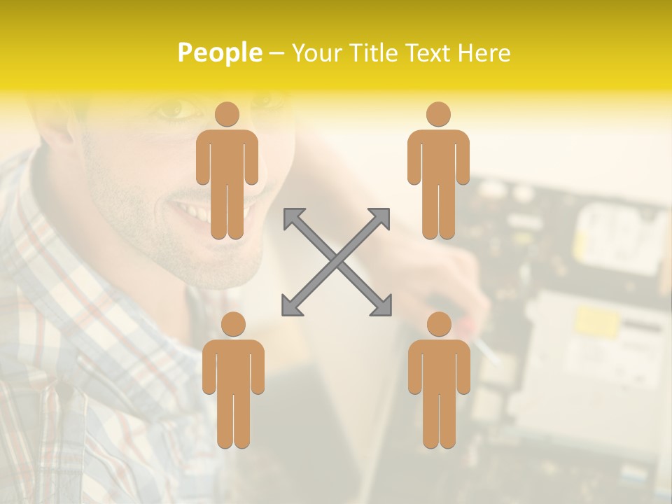 A Man Is Holding A Screw In Front Of A Circuit Board PowerPoint Template