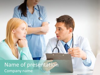 A Doctor And A Patient Discussing Something On A Clipboard PowerPoint Template