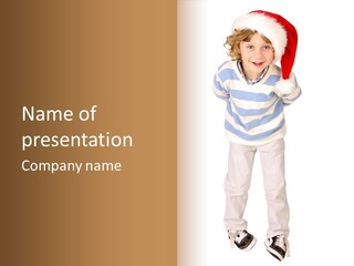 A Little Boy In A Santa Hat Is Holding A Sign PowerPoint Template