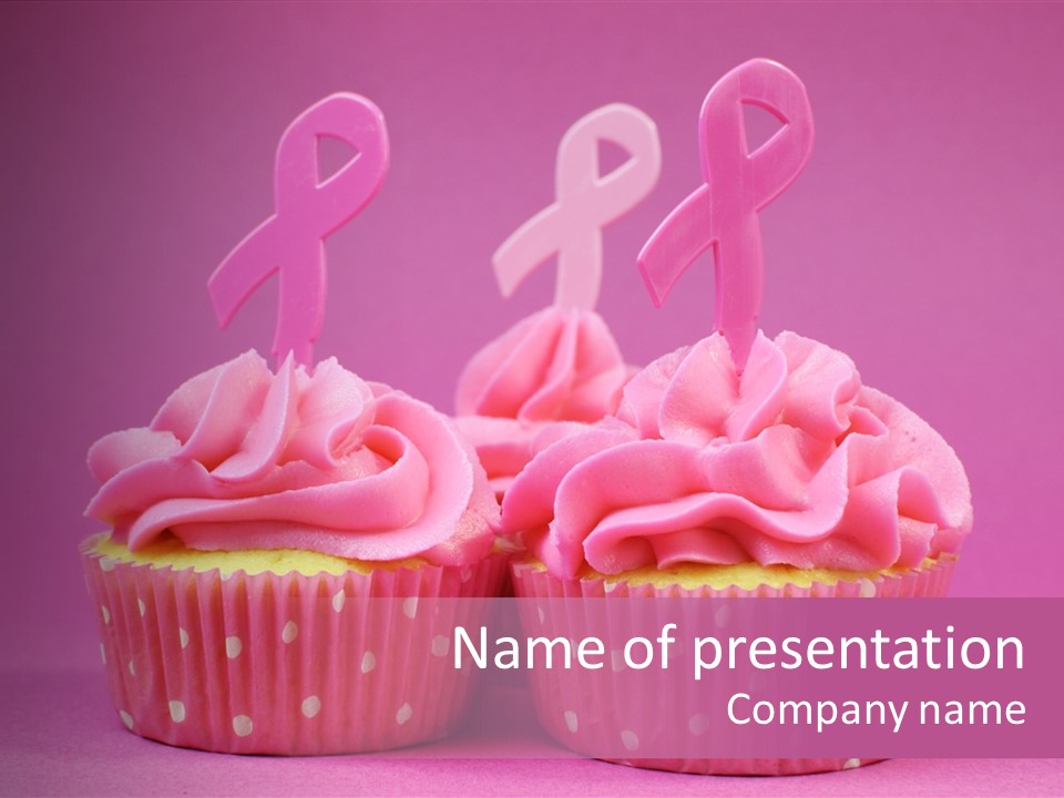 Two Cupcakes With Pink Frosting And Pink Ribbons On Them PowerPoint Template