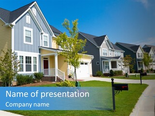 A Row Of Houses With A Blue Sign In Front Of Them PowerPoint Template