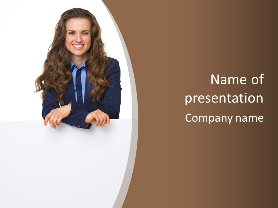 A Woman In A Business Suit Leaning On A Sign PowerPoint Template
