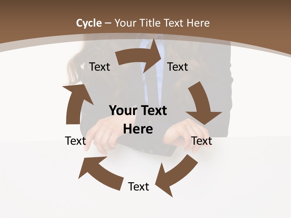 A Woman In A Business Suit Leaning On A Sign PowerPoint Template