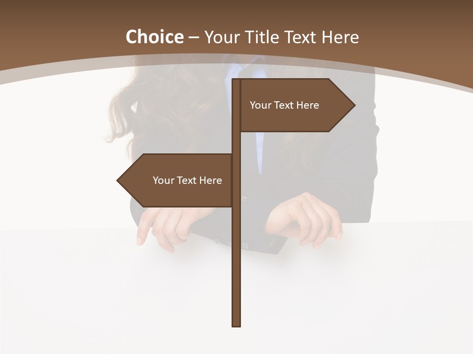 A Woman In A Business Suit Leaning On A Sign PowerPoint Template