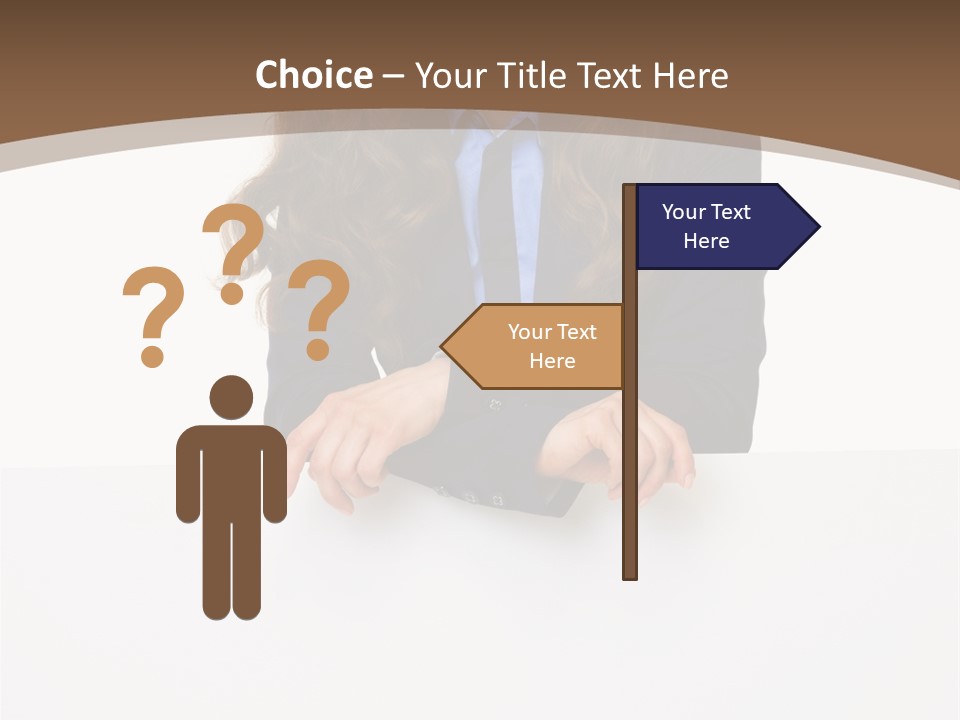 A Woman In A Business Suit Leaning On A Sign PowerPoint Template