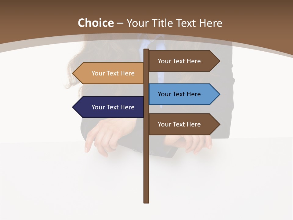 A Woman In A Business Suit Leaning On A Sign PowerPoint Template