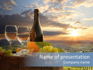 A Bottle Of Wine, Two Glasses Of Wine, Cheese And Grapes On A Barrel PowerPoint Template
