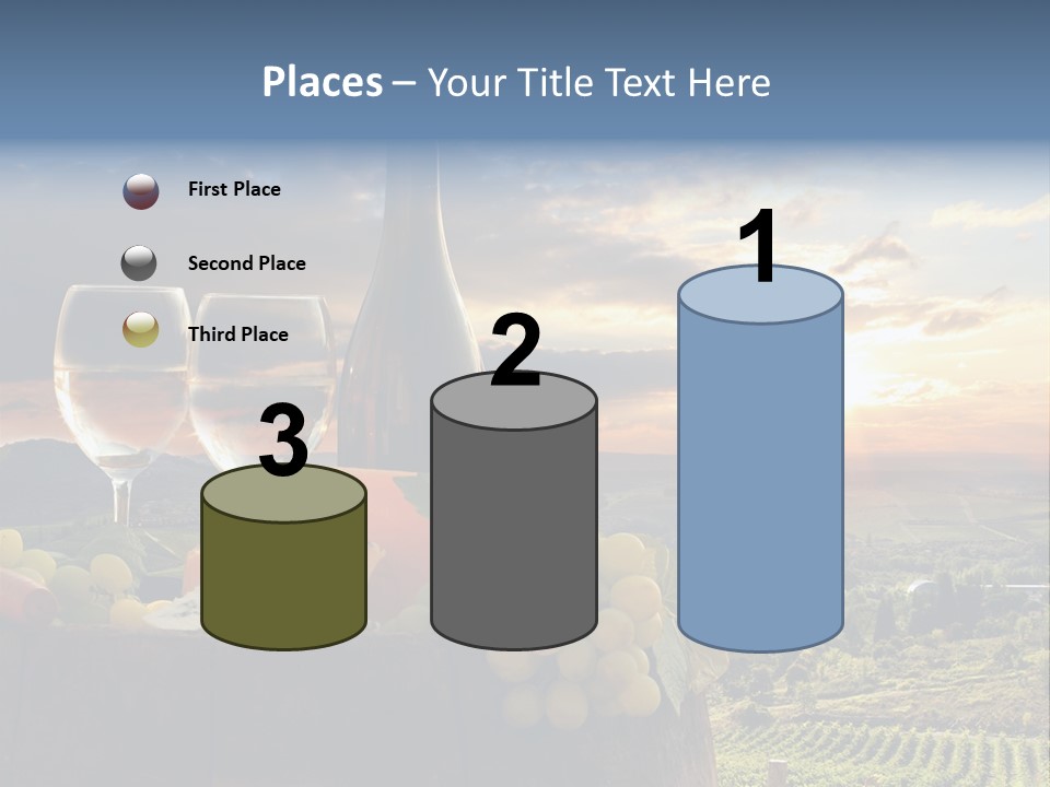 A Bottle Of Wine, Two Glasses Of Wine, Cheese And Grapes On A Barrel PowerPoint Template