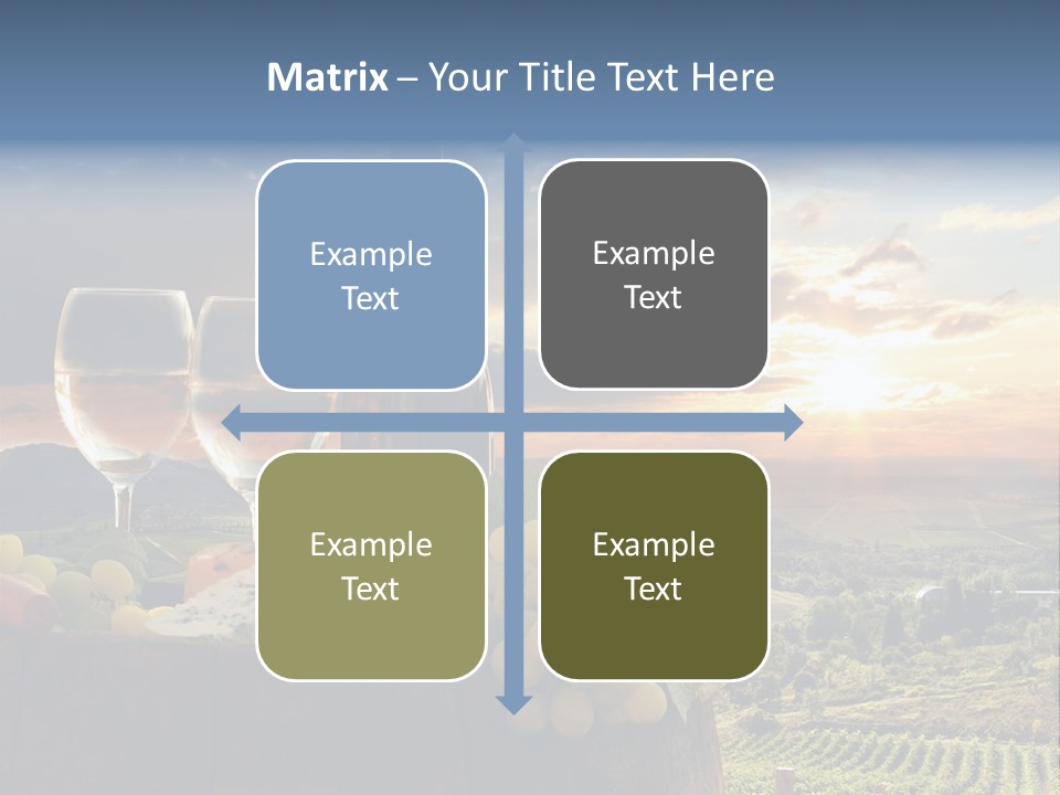 A Bottle Of Wine, Two Glasses Of Wine, Cheese And Grapes On A Barrel PowerPoint Template
