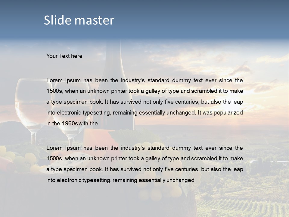 A Bottle Of Wine, Two Glasses Of Wine, Cheese And Grapes On A Barrel PowerPoint Template