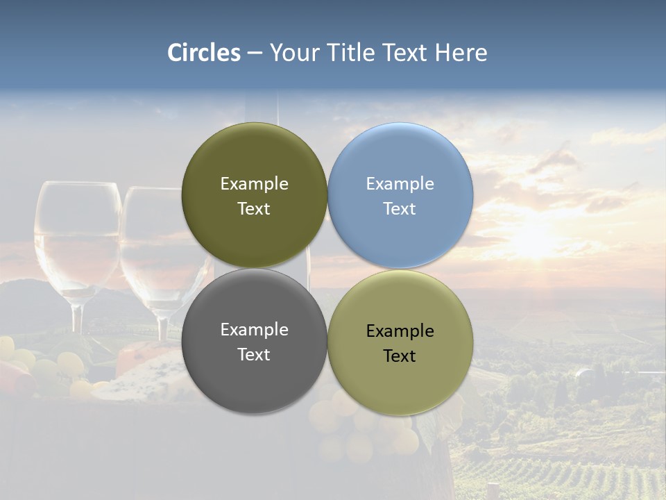 A Bottle Of Wine, Two Glasses Of Wine, Cheese And Grapes On A Barrel PowerPoint Template