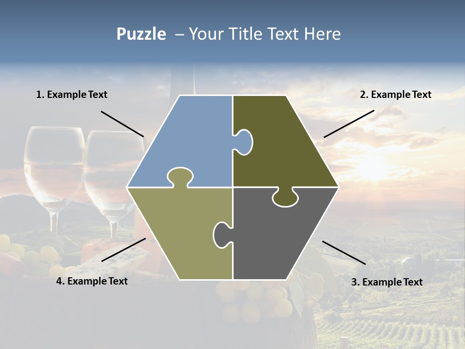 A Bottle Of Wine, Two Glasses Of Wine, Cheese And Grapes On A Barrel PowerPoint Template