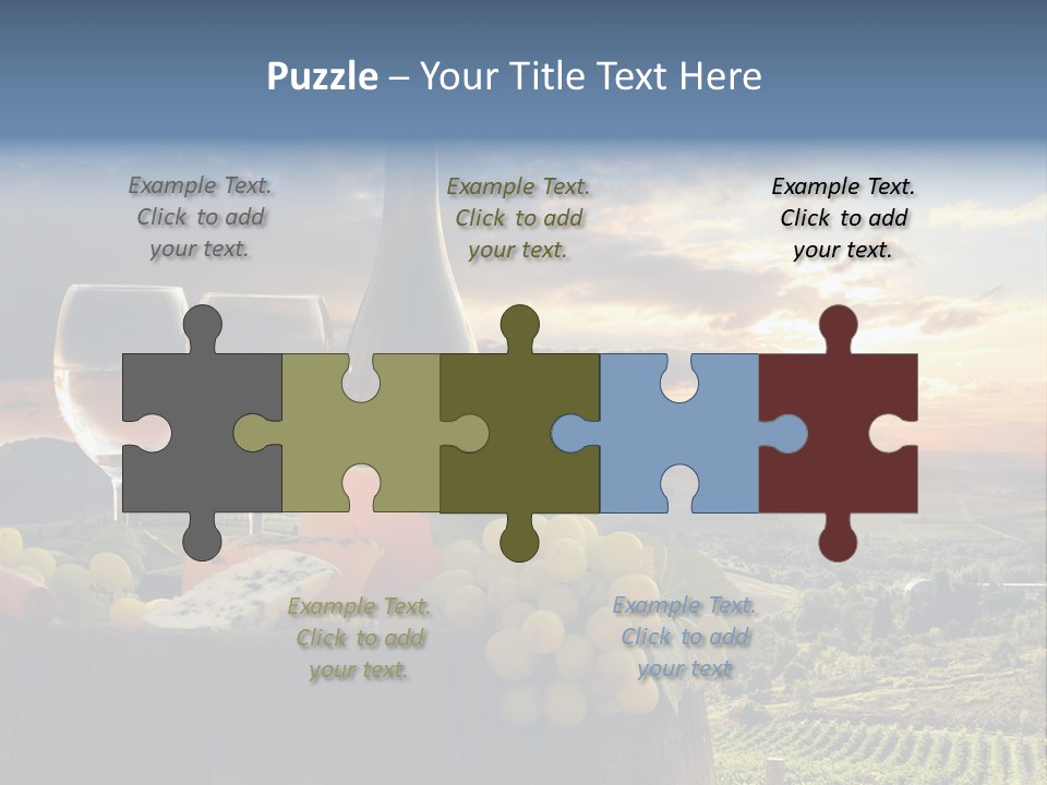 A Bottle Of Wine, Two Glasses Of Wine, Cheese And Grapes On A Barrel PowerPoint Template