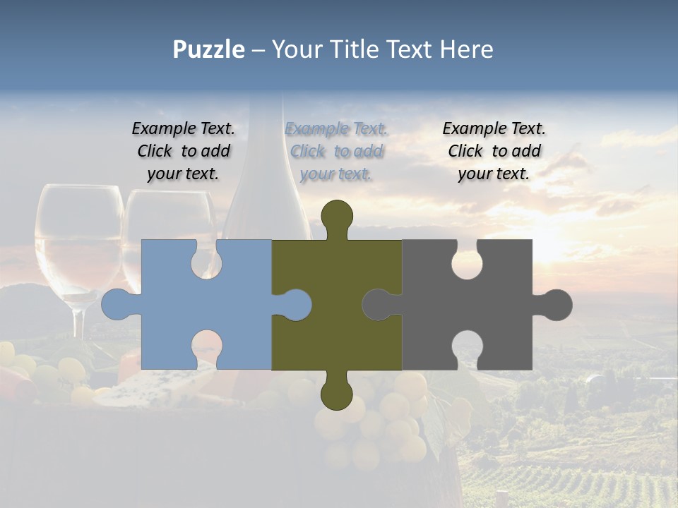 A Bottle Of Wine, Two Glasses Of Wine, Cheese And Grapes On A Barrel PowerPoint Template