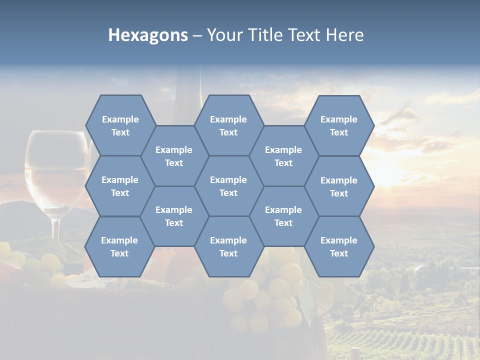 A Bottle Of Wine, Two Glasses Of Wine, Cheese And Grapes On A Barrel PowerPoint Template