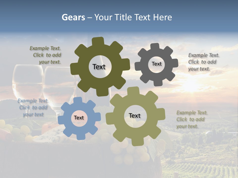 A Bottle Of Wine, Two Glasses Of Wine, Cheese And Grapes On A Barrel PowerPoint Template