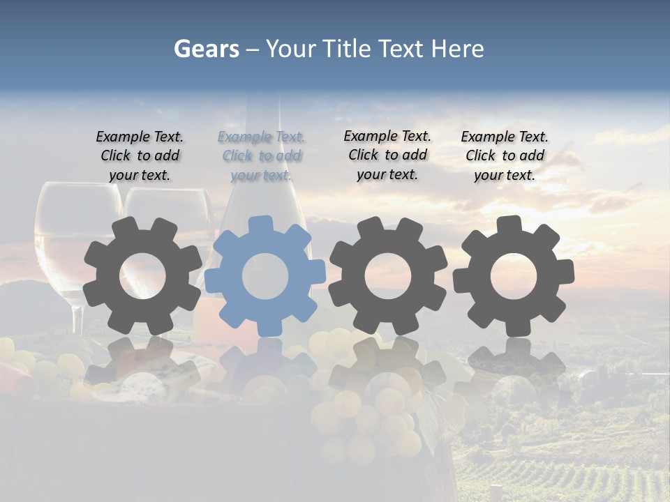 A Bottle Of Wine, Two Glasses Of Wine, Cheese And Grapes On A Barrel PowerPoint Template