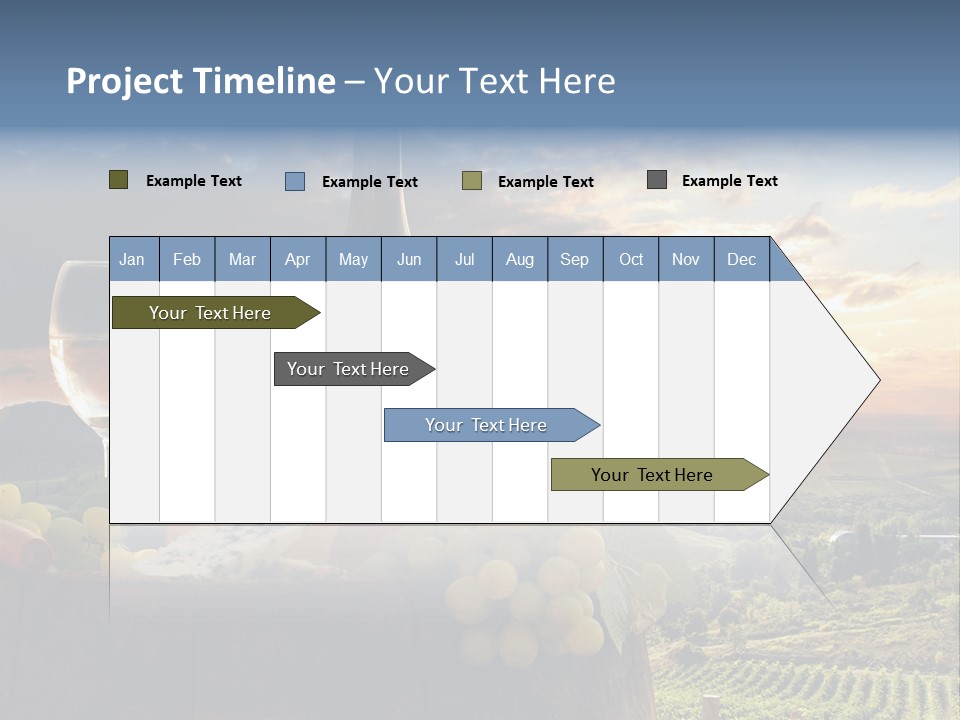 A Bottle Of Wine, Two Glasses Of Wine, Cheese And Grapes On A Barrel PowerPoint Template