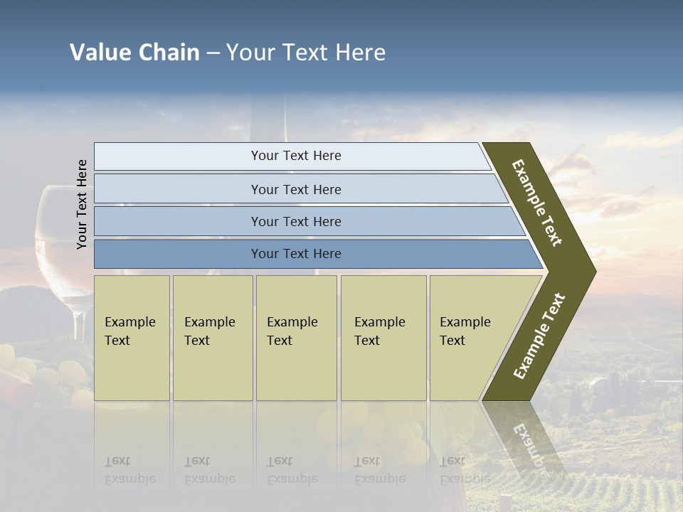 A Bottle Of Wine, Two Glasses Of Wine, Cheese And Grapes On A Barrel PowerPoint Template