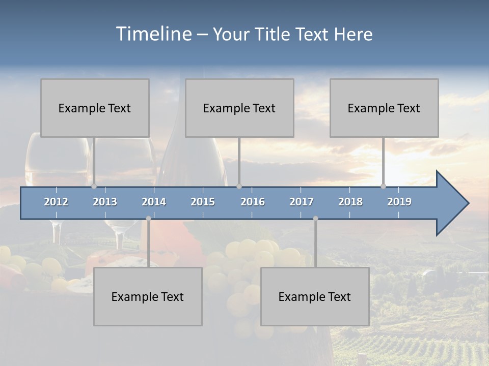 A Bottle Of Wine, Two Glasses Of Wine, Cheese And Grapes On A Barrel PowerPoint Template