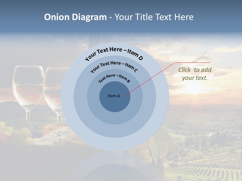 A Bottle Of Wine, Two Glasses Of Wine, Cheese And Grapes On A Barrel PowerPoint Template