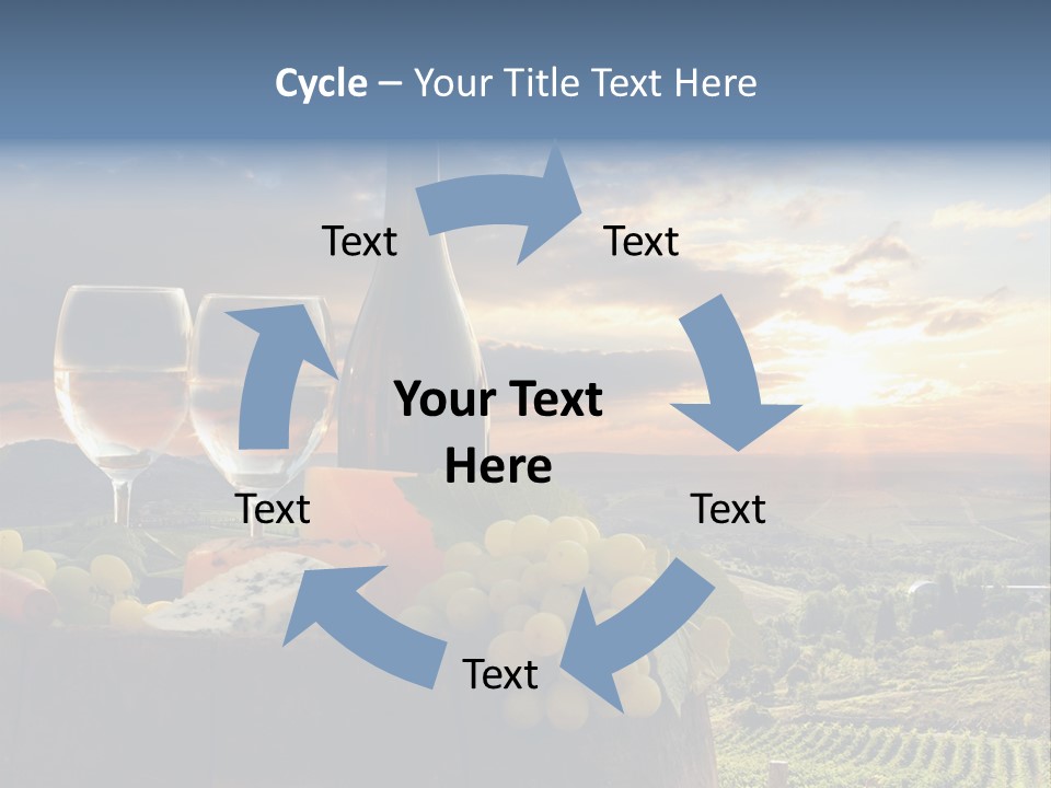 A Bottle Of Wine, Two Glasses Of Wine, Cheese And Grapes On A Barrel PowerPoint Template