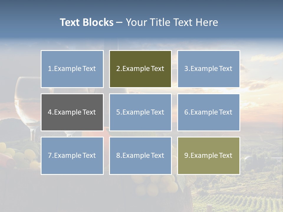 A Bottle Of Wine, Two Glasses Of Wine, Cheese And Grapes On A Barrel PowerPoint Template