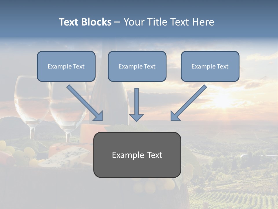 A Bottle Of Wine, Two Glasses Of Wine, Cheese And Grapes On A Barrel PowerPoint Template